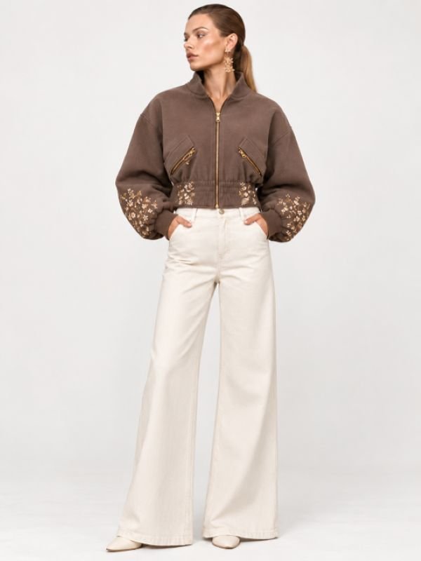 Women’s Mocha Brown Floral Embroidered Cropped Bomber Jacket - Image 4