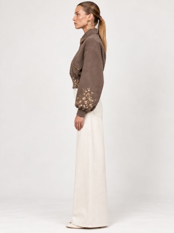 Women’s Mocha Brown Floral Embroidered Cropped Bomber Jacket - Image 3