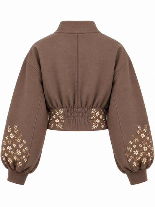 Women’s Mocha Brown Floral Embroidered Cropped Bomber Jacket - Image 5