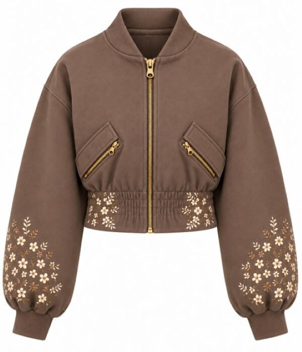 Women’s Mocha Brown Floral Embroidered Cropped Bomber Jacket