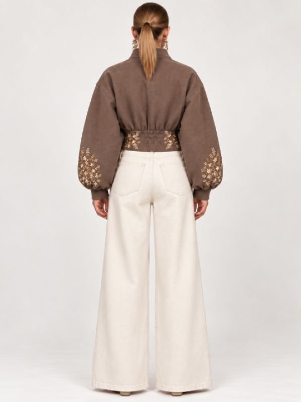 Women’s Mocha Brown Floral Embroidered Cropped Bomber Jacket - Image 2