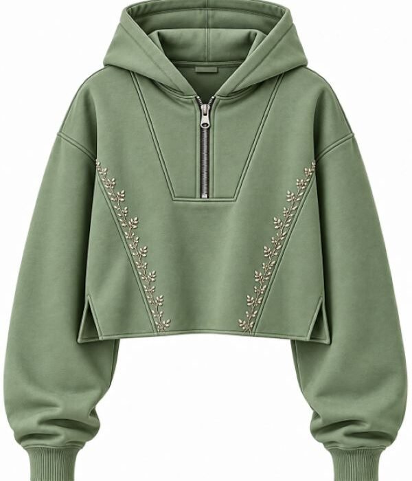 Women’s Olive Green Embroidered Oversized Half-Zip Hoodie