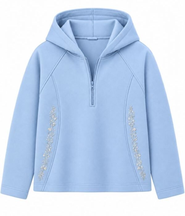 Women’s Sky Blue Floral Embroidered Raglan Hoodie