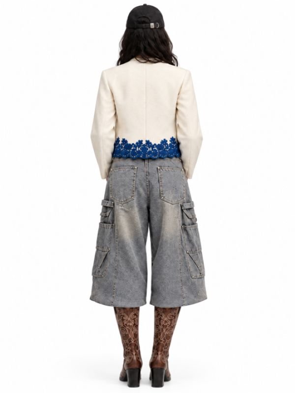 Women’s Ivory White Jacket with Navy Floral Embroidery - Image 3
