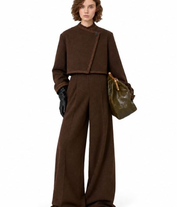 Women’s Dark Brown Cropped Jacket with Kantha Stitch Detailing