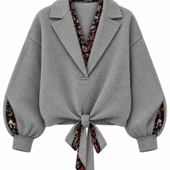 Women’s Heather Grey Tie-Front Knit Blouse with Tribal Print Accents