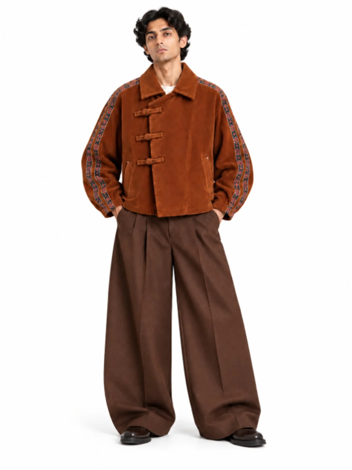 Rust Brown Corduroy Toggle Jacket and Wide-Leg Trouser Set - Image 3