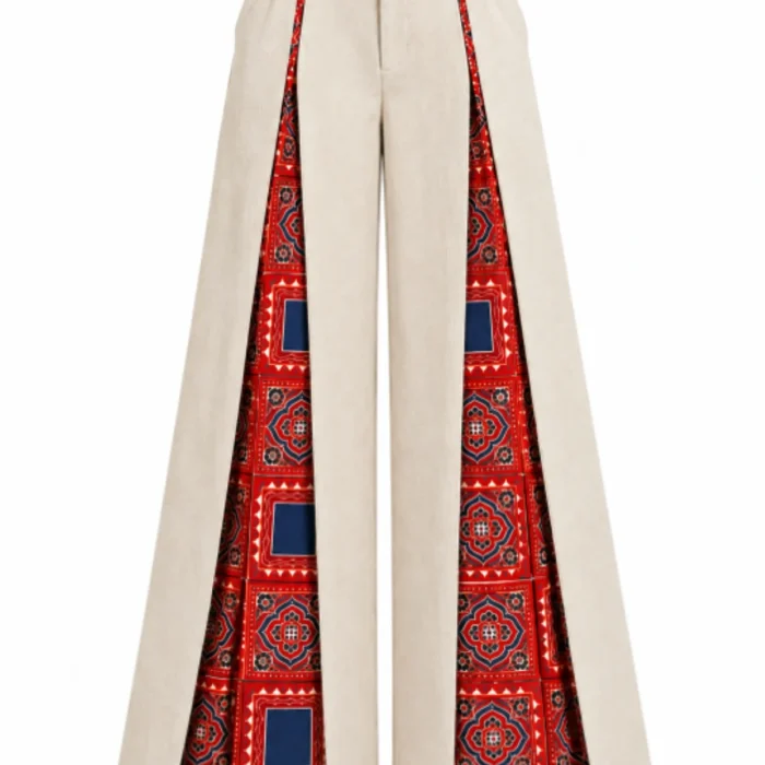 Unisex Ivory Cream High-Waisted Wide-Leg Trousers with Ajrak Block Print