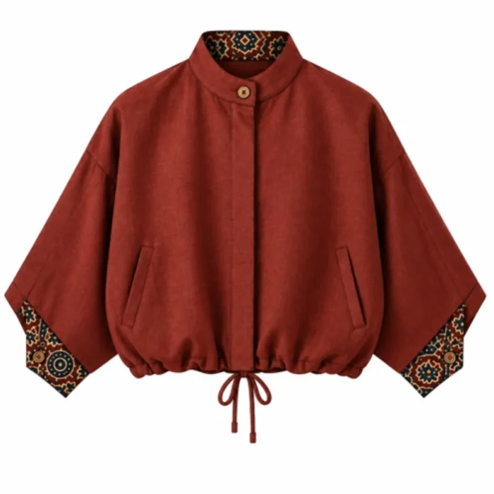Women’s Rust Red Jacket with Ajrak Geometric Floral Block Print