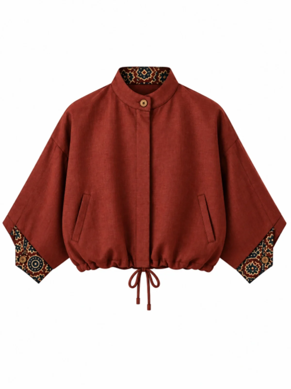 Women’s Rust Red Jacket with Ajrak Geometric Floral Block Print