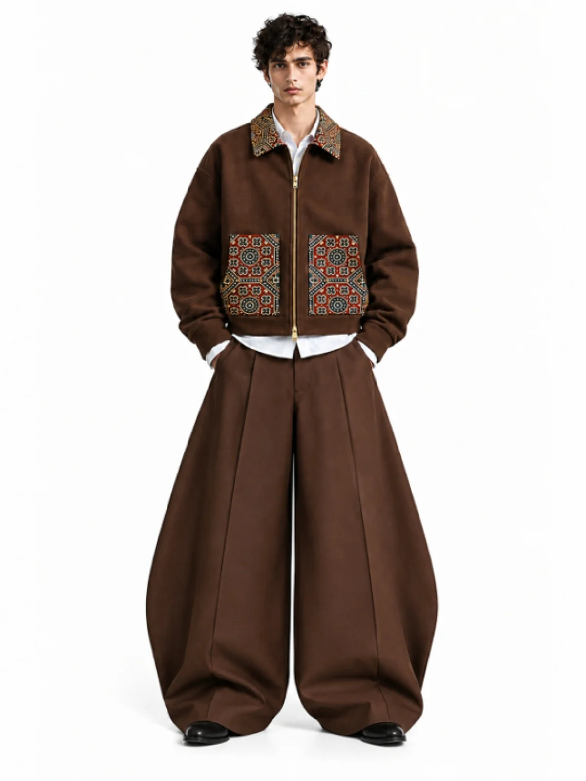 Chestnut Brown Hooded Zip-Up Jacket with Printed Pocket Panels - Image 4