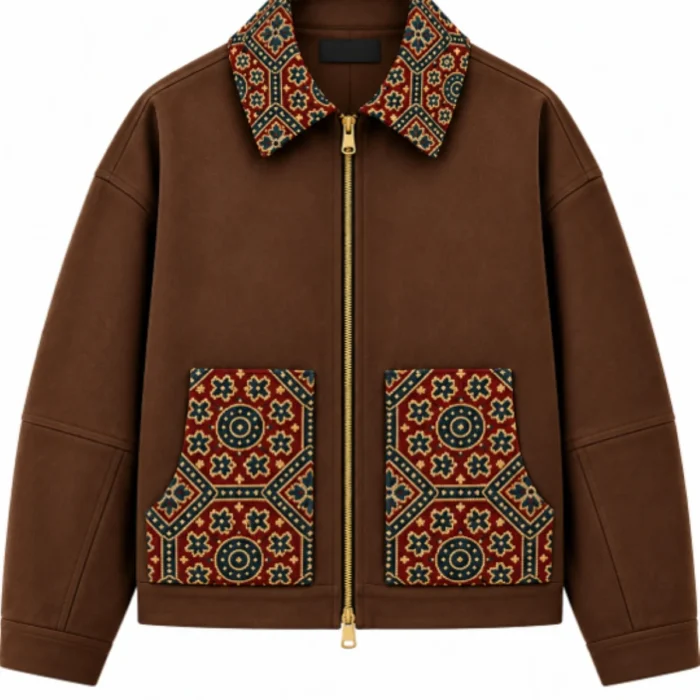 Dark Chocolate Brown Zip-Up Jacket and Wide-Leg Trouser Set with Ajrak Block Print
