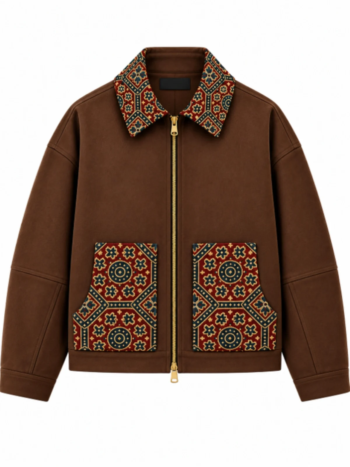 Chestnut Brown Hooded Zip-Up Jacket with Printed Pocket Panels