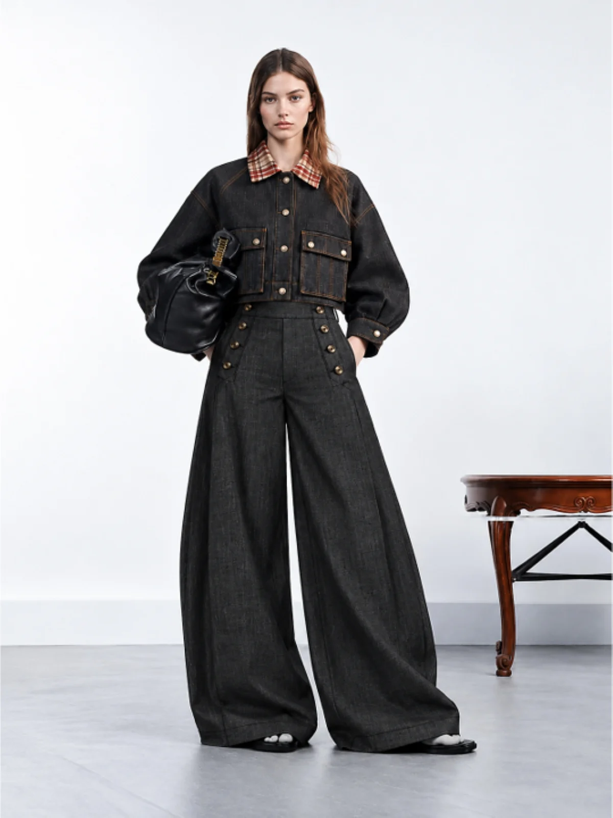 Charcoal Black Cropped Denim Trucker Jacket with Plaid Check Collar - Image 3