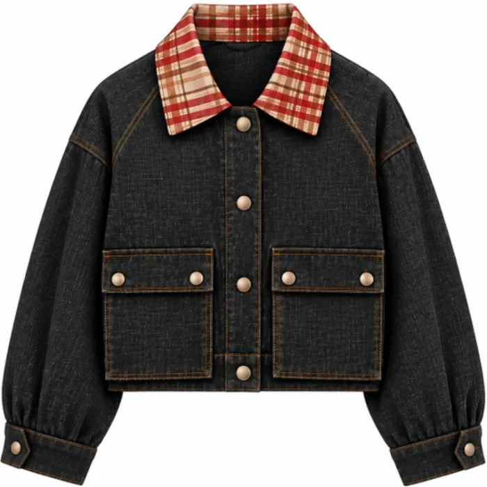 Charcoal Black Cropped Denim Trucker Jacket with Plaid Check Collar