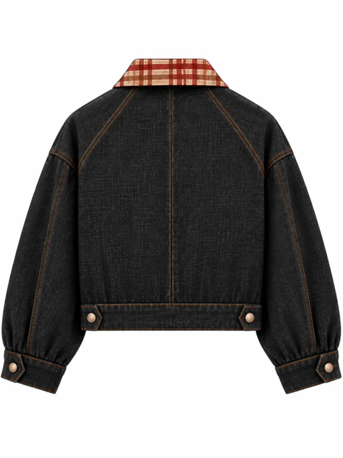 Charcoal Black Cropped Denim Trucker Jacket with Plaid Check Collar - Image 2