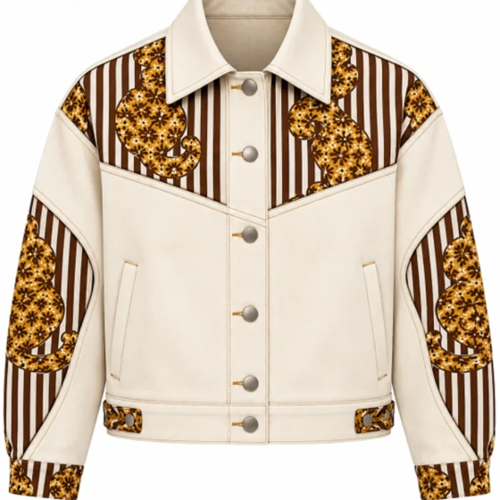 Unisex Ivory Cream Cropped Trucker Jacket with Leopard Motif Print