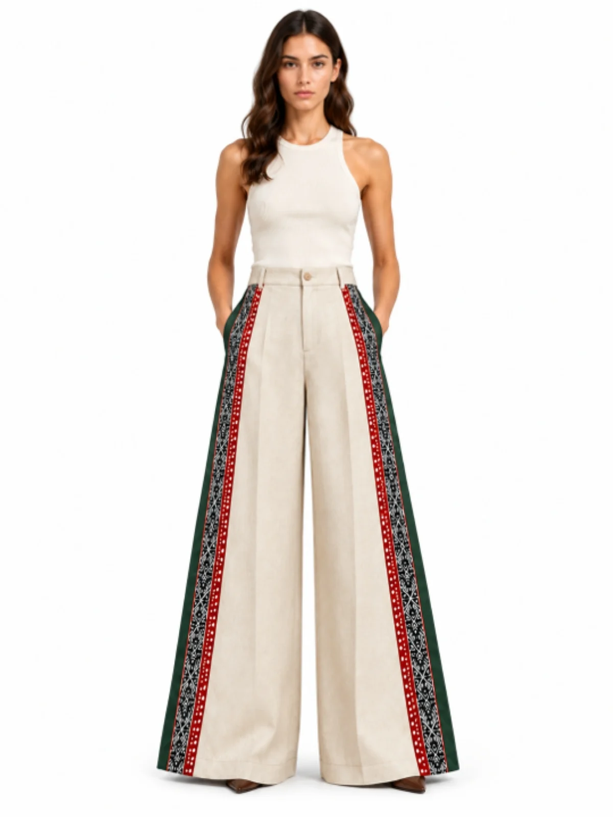 Women Ivory Cream High-Waisted Wide-Leg Trousers with Geometric Block Print - Image 4