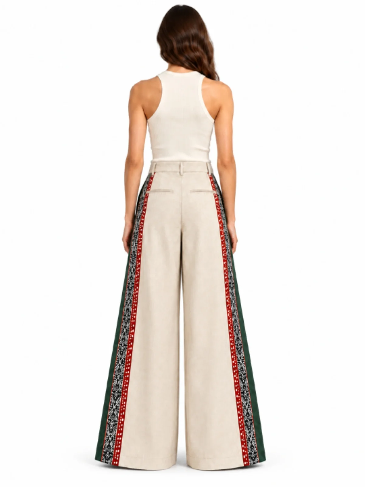 Women Ivory Cream High-Waisted Wide-Leg Trousers with Geometric Block Print - Image 5