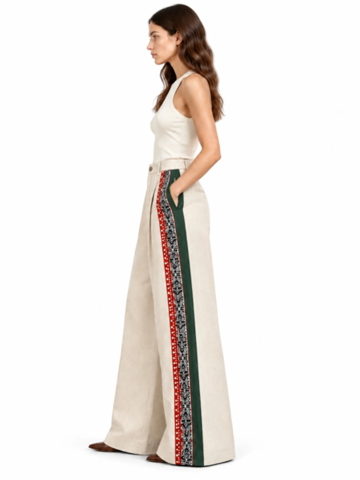 Women Ivory Cream High-Waisted Wide-Leg Trousers with Geometric Block Print - Image 3