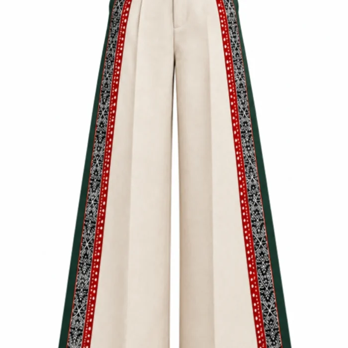 Women Ivory Cream High-Waisted Wide-Leg Trousers with Geometric Block Print