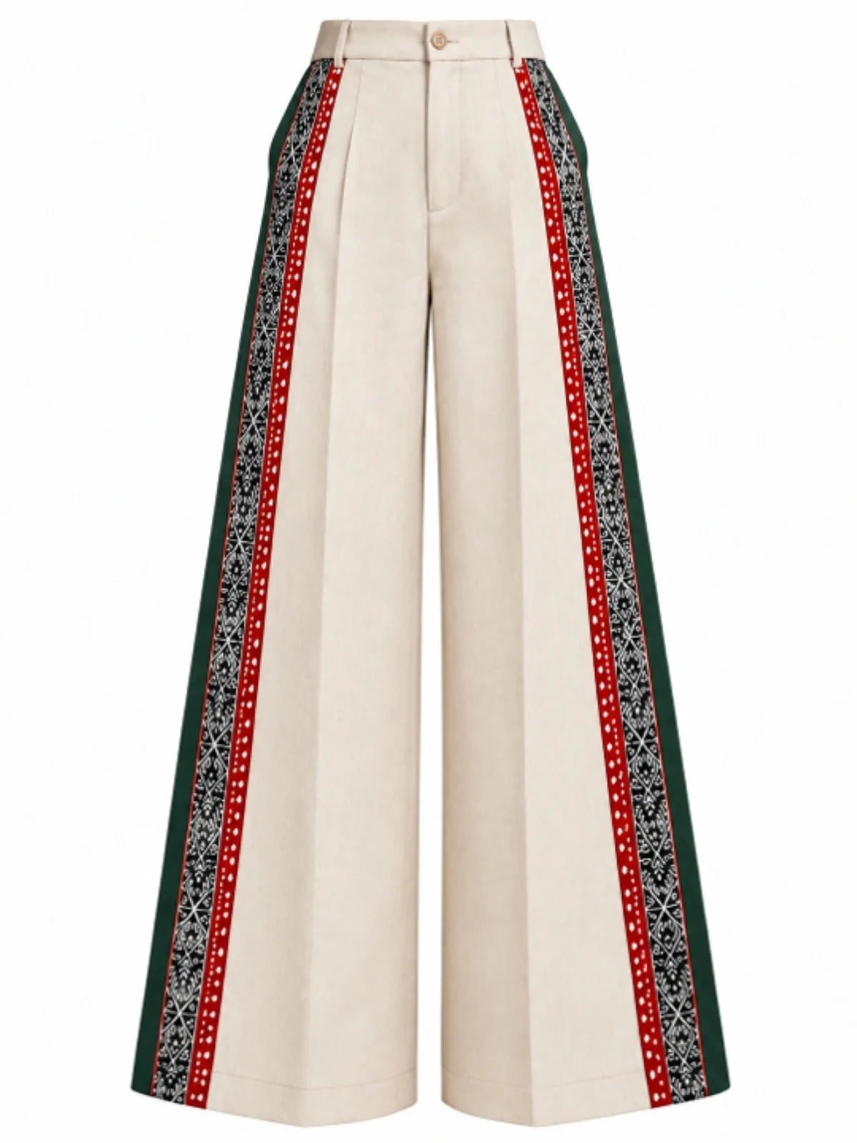 Women Ivory Cream High-Waisted Wide-Leg Trousers with Geometric Block Print