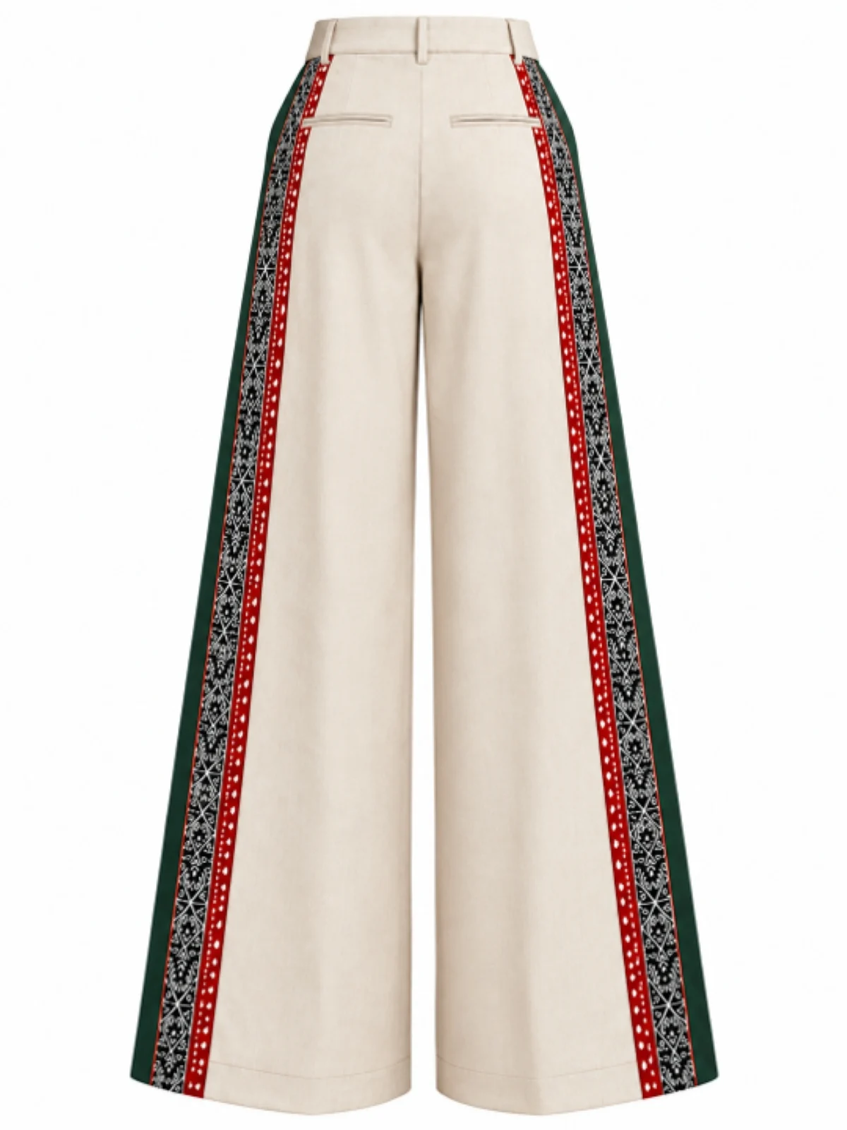 Women Ivory Cream High-Waisted Wide-Leg Trousers with Geometric Block Print - Image 2