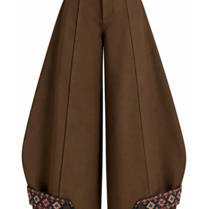 Dark Chocolate Brown Barrel-Leg Cropped Trousers with Ajrak Block Print