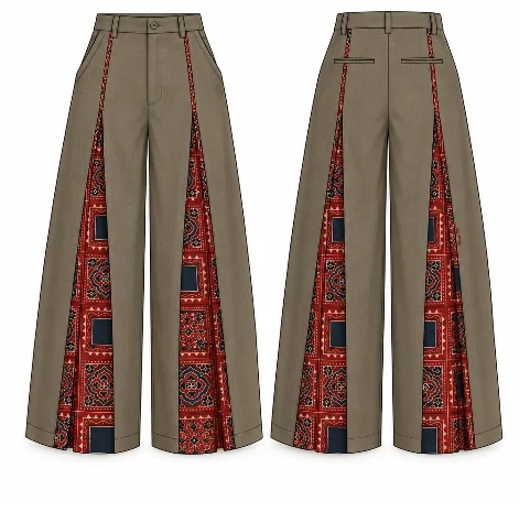 Taupe Brown High-Waisted Wide-Leg Trousers with Ajrak Block Print
